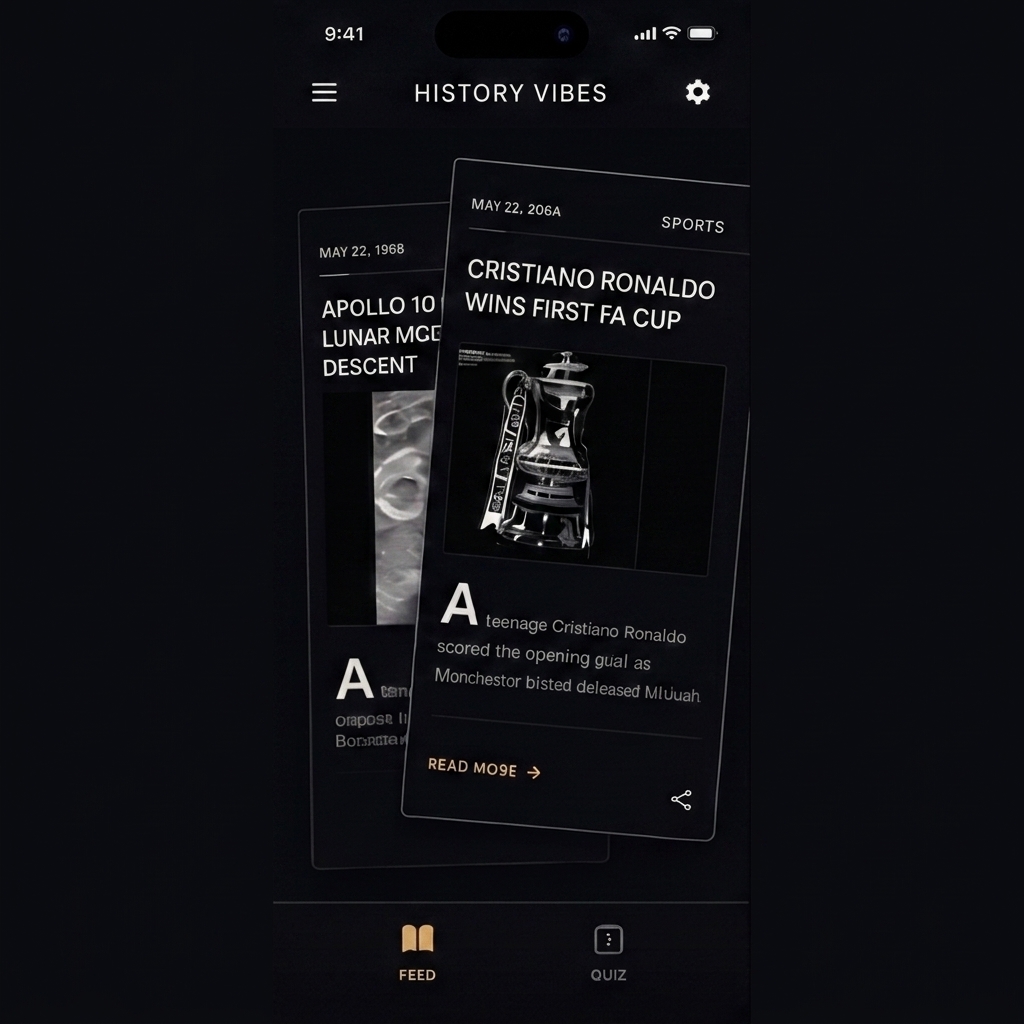 History Vibes feed with swipeable history cards