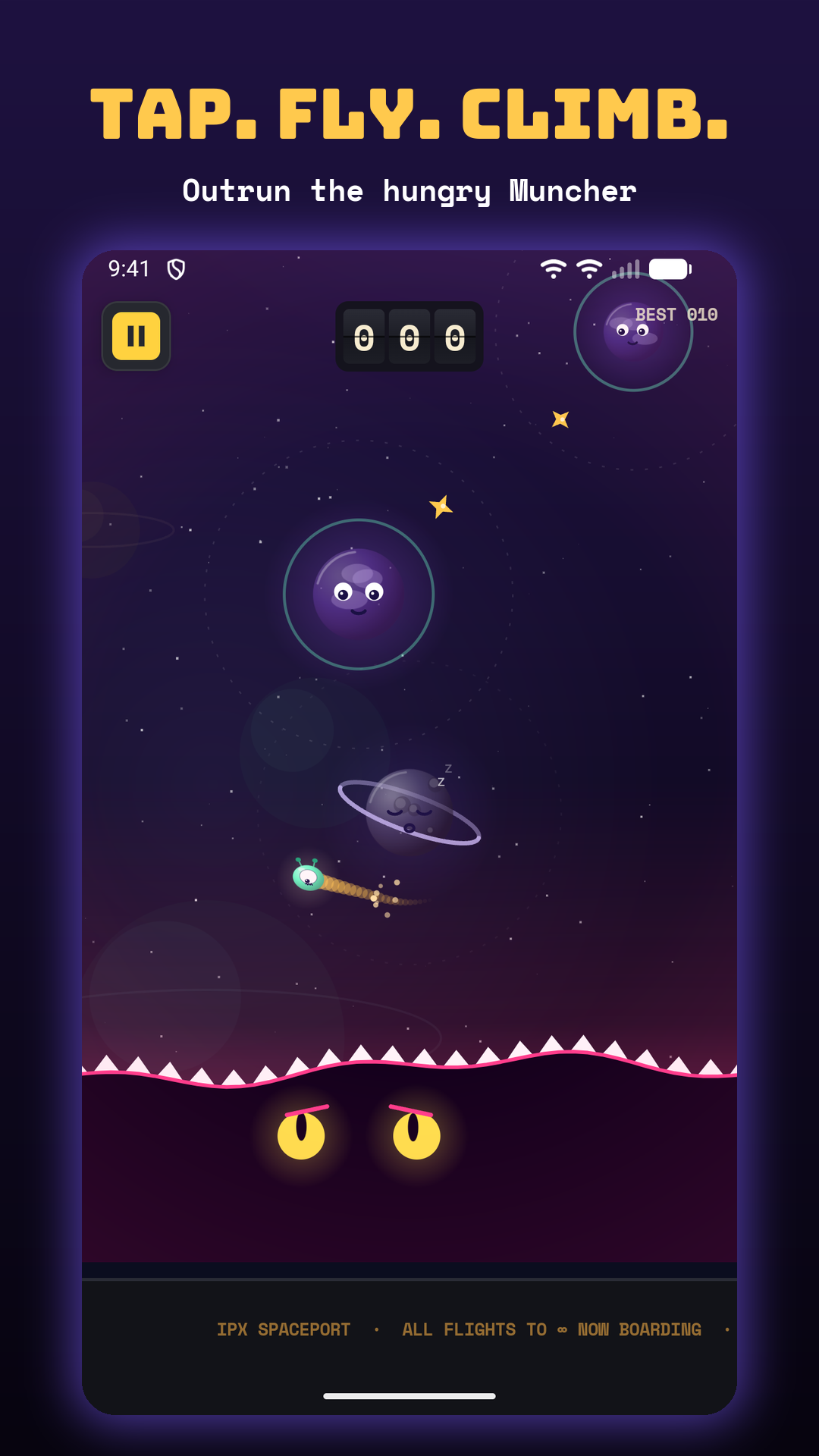 Infinite Planet flight screen: critter launching between planets above the Muncher