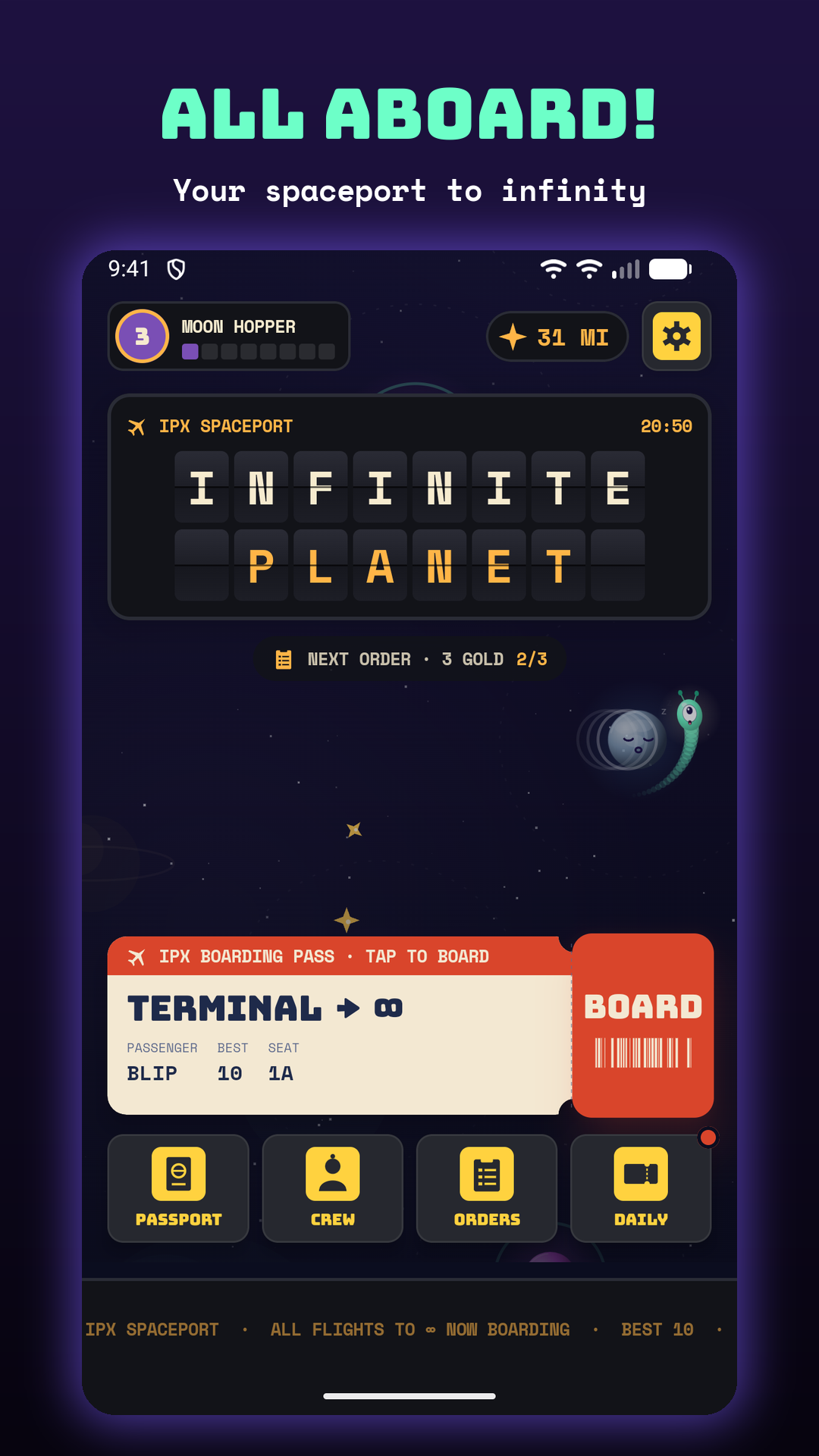 Infinite Planet terminal screen with split-flap board and boarding pass